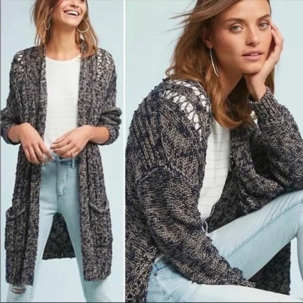 Anthropologie Akemi + Kim Navy Gold Metallic Crochet Oversized Duster Cardigan S